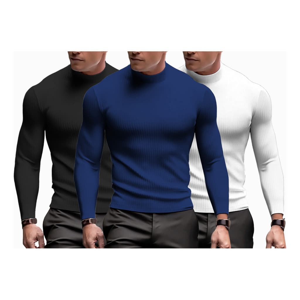 Kit 3 Camisetas Masculinas Manga Longa Gola Alta Malha Canelada Slim Blusa de Frio Inverno Térmica Premium
