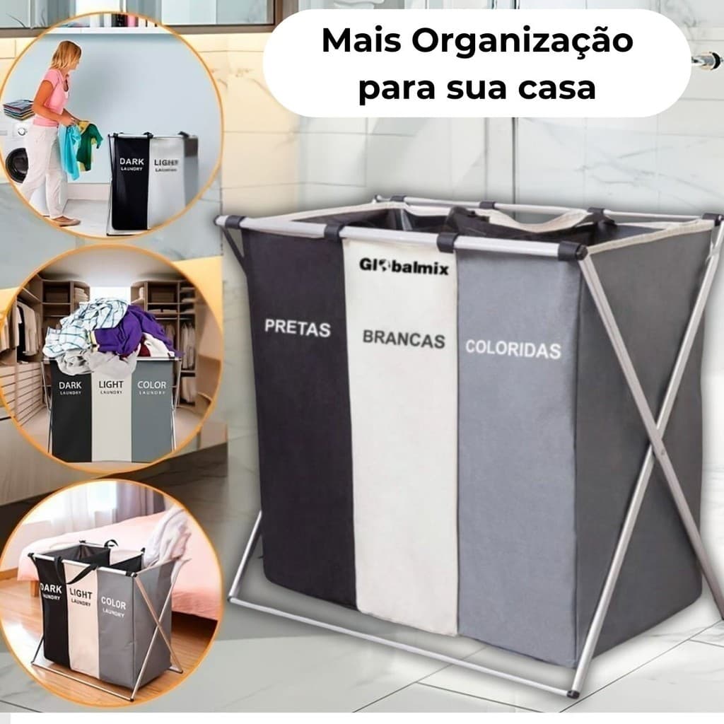 Cesto de Roupa Suja 3 Divisórias Separação Cor Dobrável