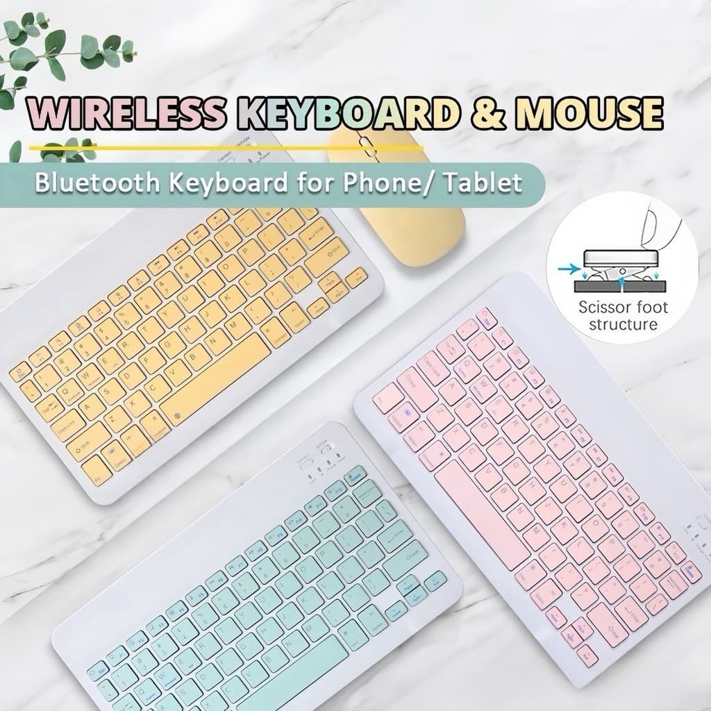 Kit Teclado e Mouse Sem Fio Bluetooth Colorido Macaron Para PC iPad Tablet Notebook