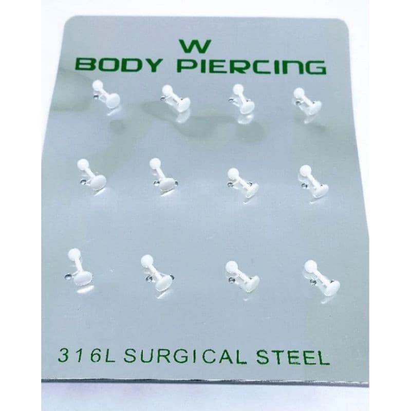 Kit 12 Unidades Cartela de Piercing Labret Tragus Queixo Branco Silicone