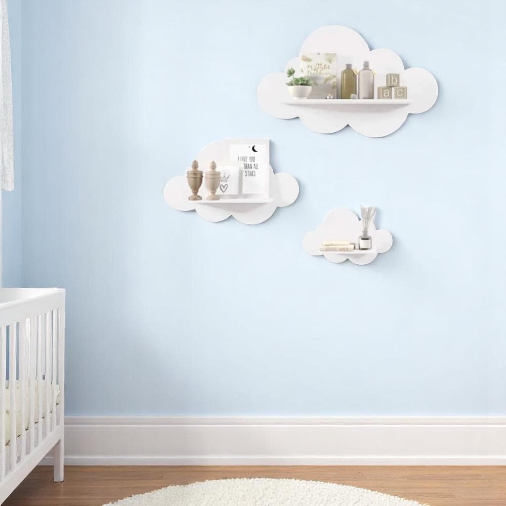 Kit Nichos Nuvem MDF 3 Unidades P/ Quarto Bebê Infantil Decoração Lúdica Branca C/ Suporte P/ Parede