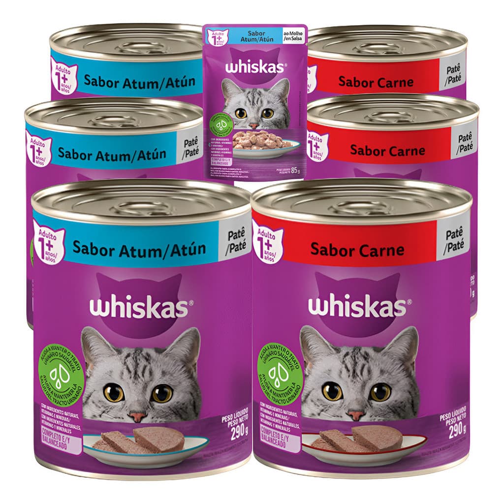 Whiskas Ração sache Combo 6 Latas Gatos Patê Carne E Atum 290g cada Comida de Gato Alimento PET