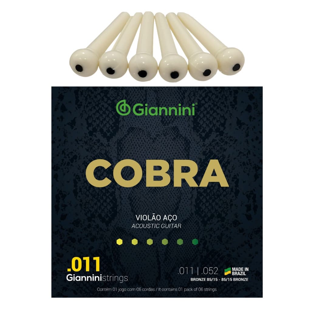 Cordas Violão Aço 011 0.11 Giannini Série Cobra Encordoamento Completo C/ Pinos da Ponte Violão