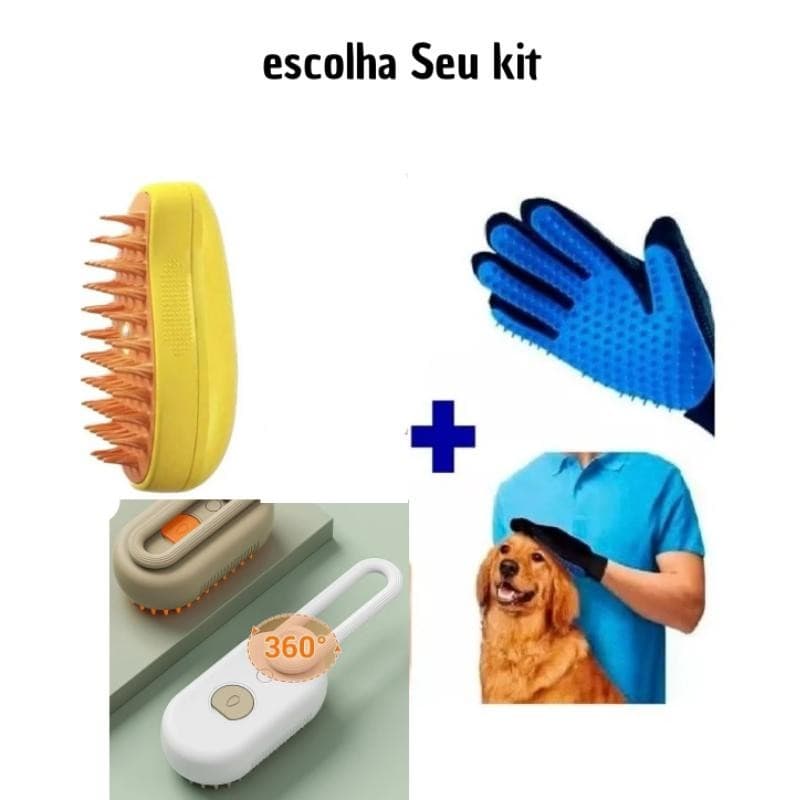 Kit de Higiene para Pets: 1 Luva Removedora de Pelos + 1 Escova a Vapor Multifuncional para Cães e Gatos