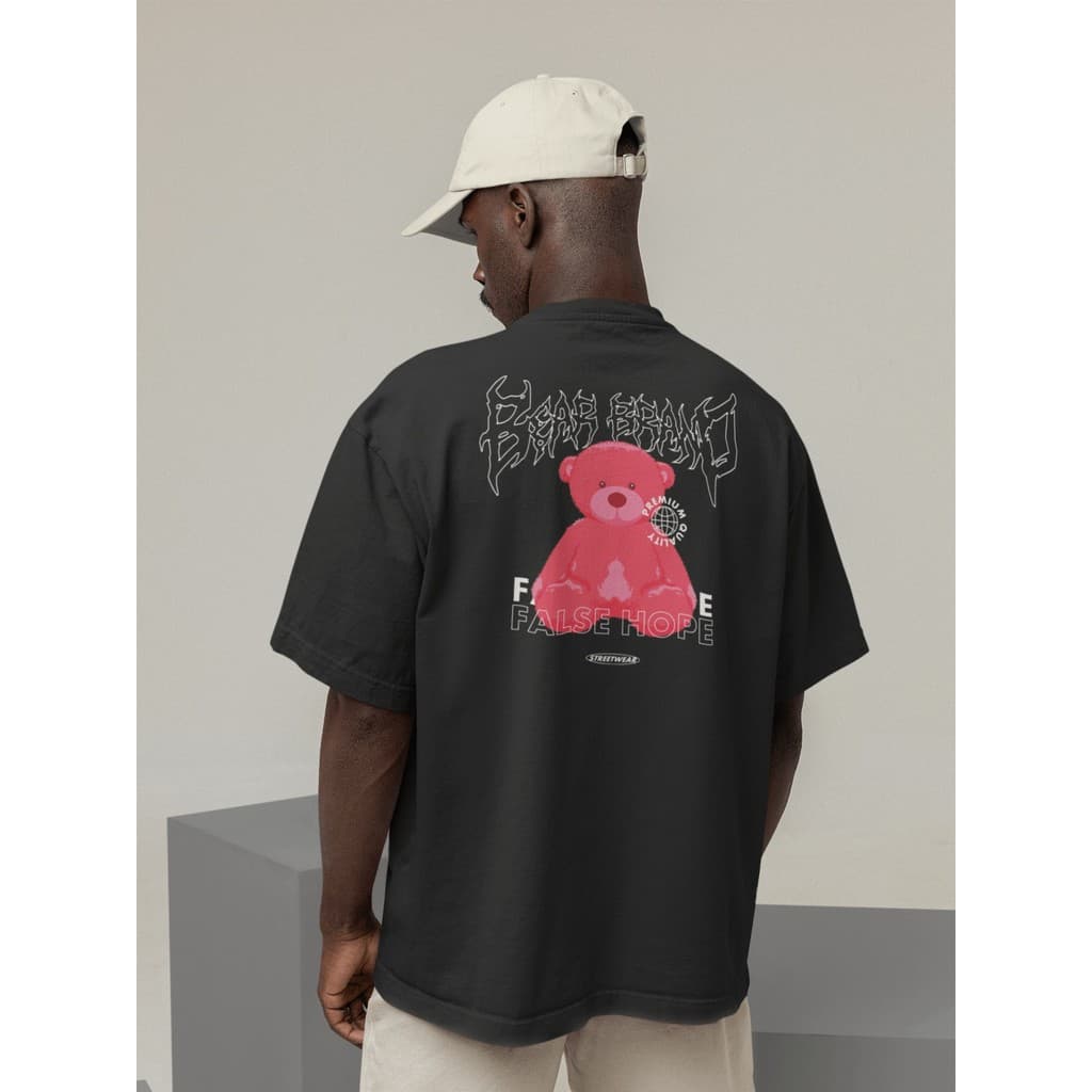 Camiseta Oversize Gola Alta Streetwear Masculino e Feminino 100% Algodão Treino Dia a Dia Preto e Off Whte Estampa URSO