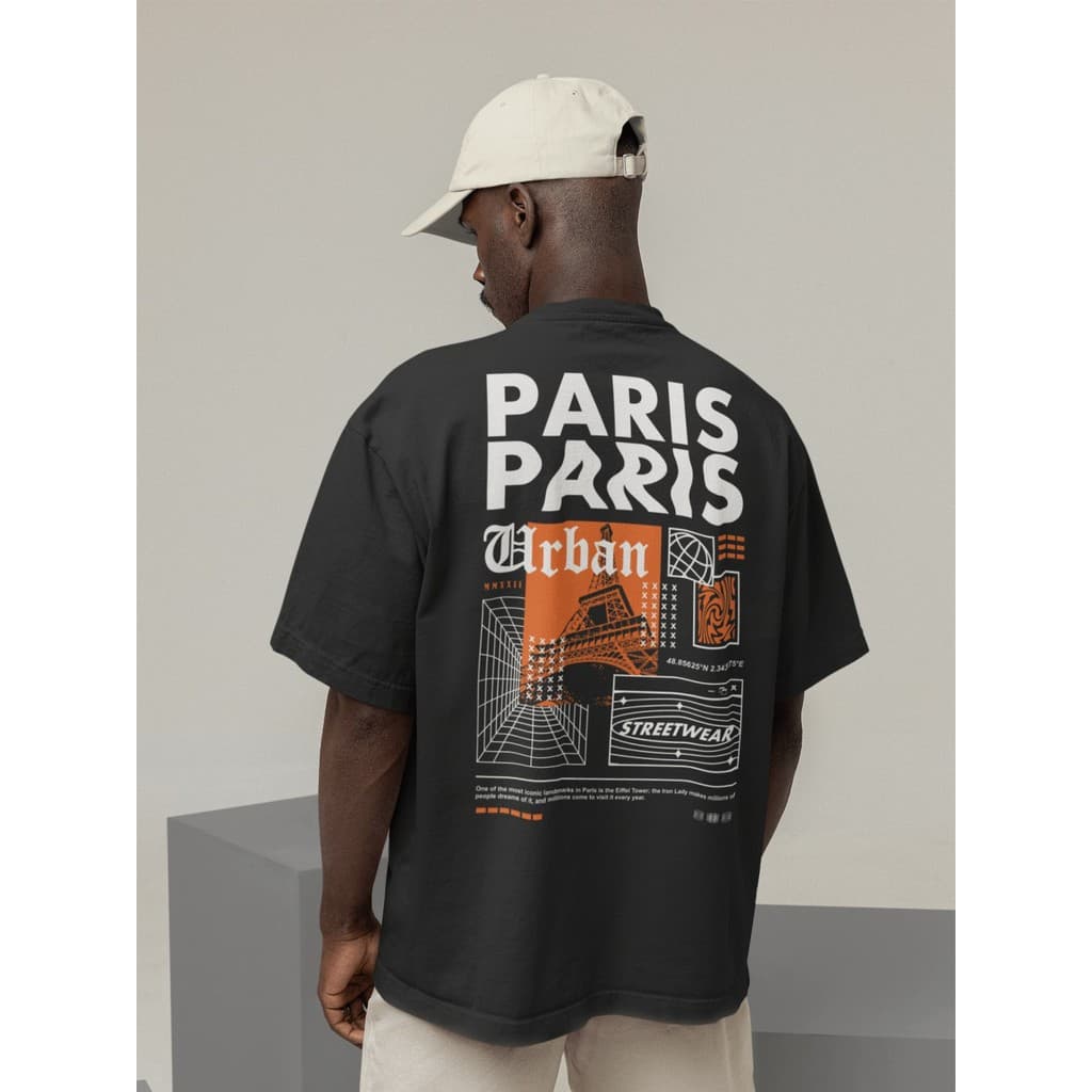Camisa Camiseta Oversize Streetwear Masculino e Feminino Treino e Dia a Dia Preto e Off Whte Estampado - PARIS URBAN