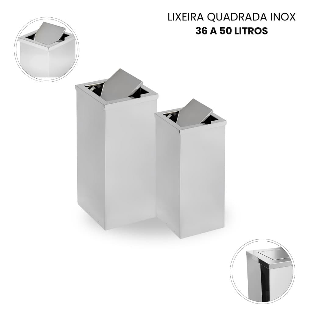 Lixeira Quadrada em Aço Inoxidavel 36 a 50 Litros Tampa Basculante