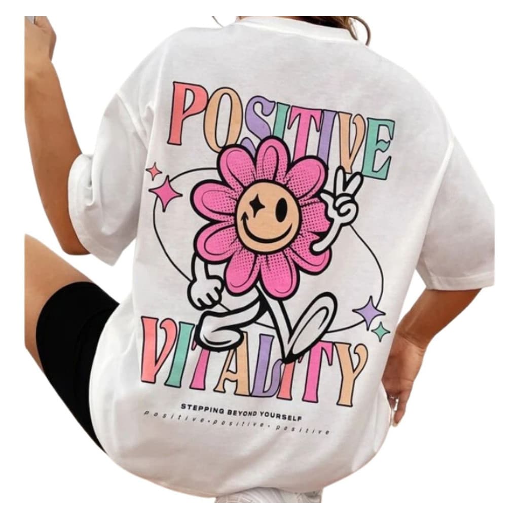 Camiseta Flor Emoji Positive Estilo Streetwear Moda Urbana 100% Algodão Lançamento