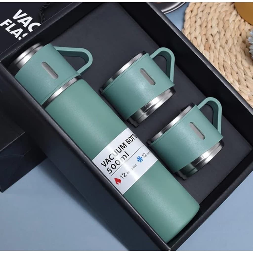 KIT GARRAFA TERMICA INOX 500ML C/ 3 XICARAS CAMPING VIAGEM CAFÉ