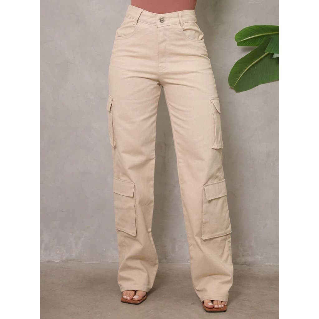 Calça Cargo Jeans Feminina Wide Leg 4 bolsos(Bege,40)