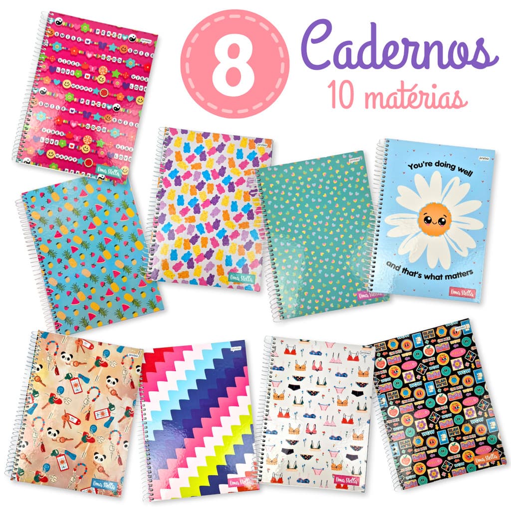 Caderno 10 Matérias Feminino Universitario KIT 8 Menina Faculdade Escola Capa Dura Espiral Grande