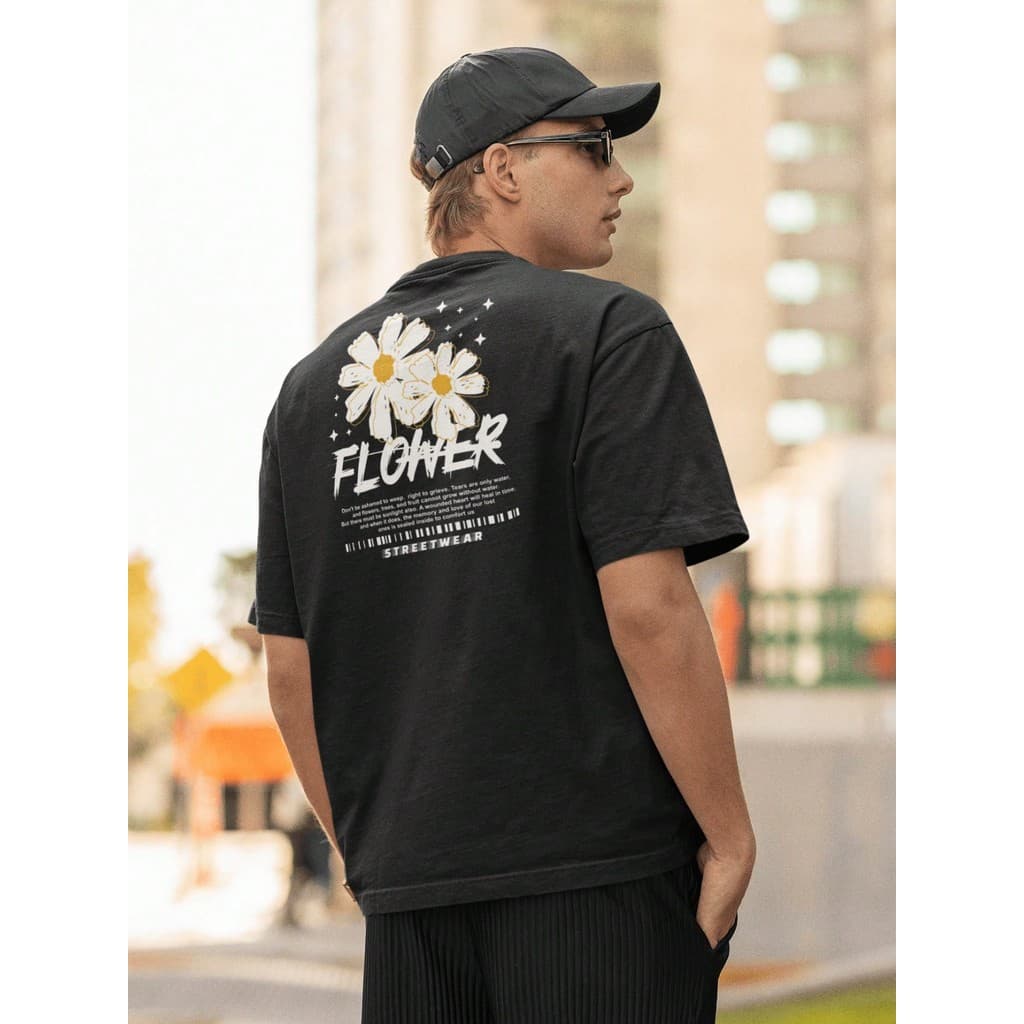 Camisa Camiseta Oversize Gola Alta Streetwear Masculino e Feminino Treino e Dia a Dia Preto e Off Whte Estampado FLOWER