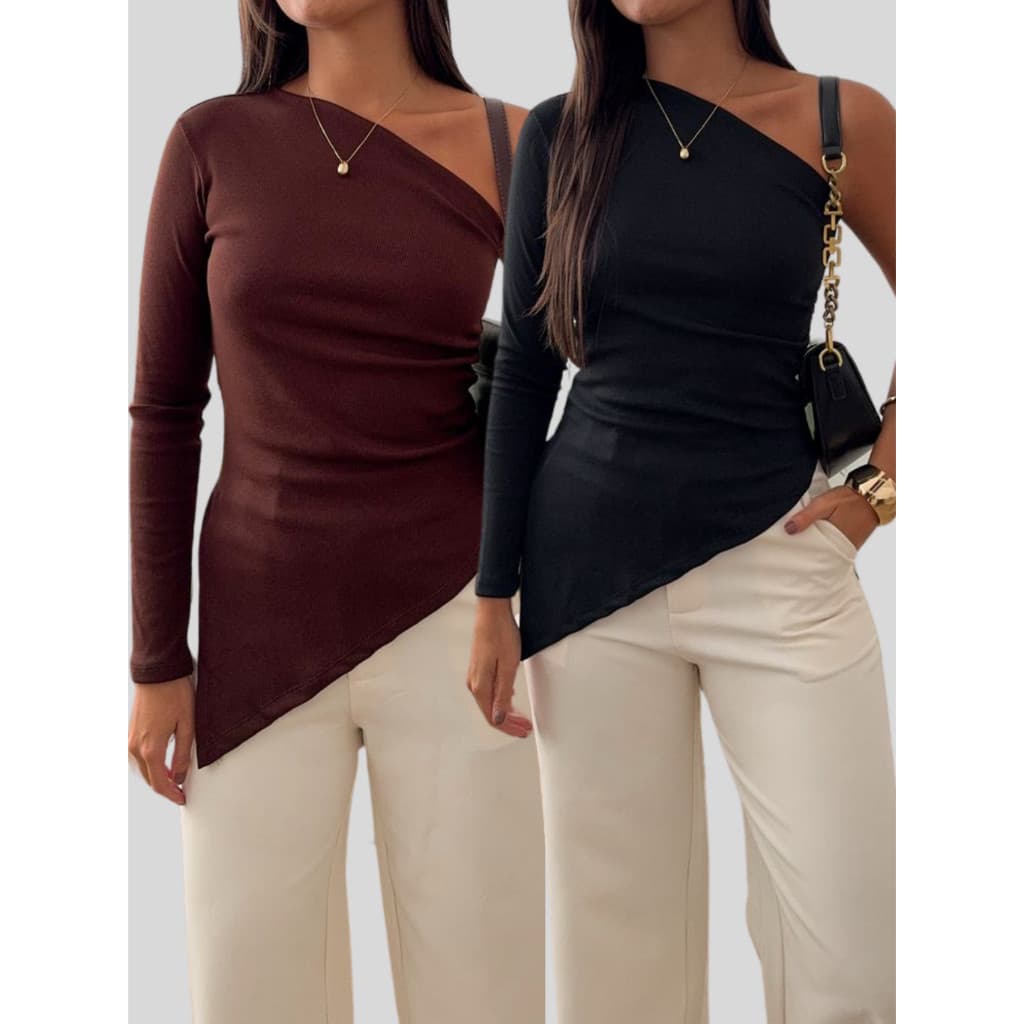 Kit 2 Blusas  Assimétrica Mula Manca Manga Longa Ribana Premium Básica Moda Casual Tendencia