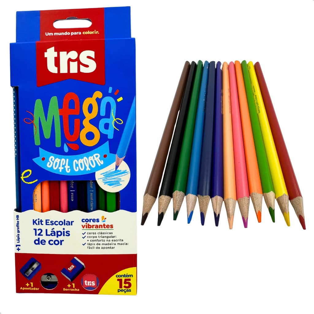 Lápis de Cor Kit 12 Cores  + Lápis de Escrever Borracha Apontador Tris Escolar