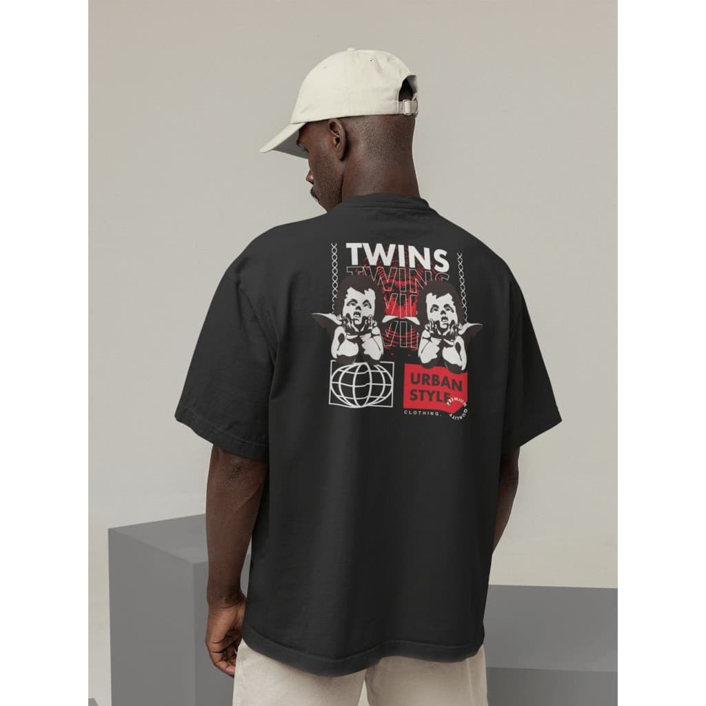 Camisa Camiseta Oversize Streetwear Masculino e Feminino Treino e Dia a Dia Preto e Off Whte Estampado - TWINS