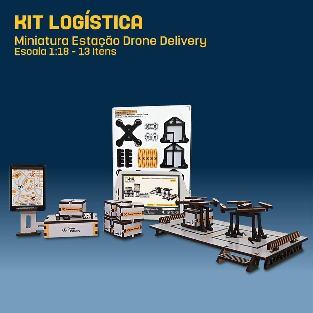 Kit Miniatura Logística 13 Componentes Estação Drone Entregas Escala 1:18 Maquete Diorama Puzzle 3D