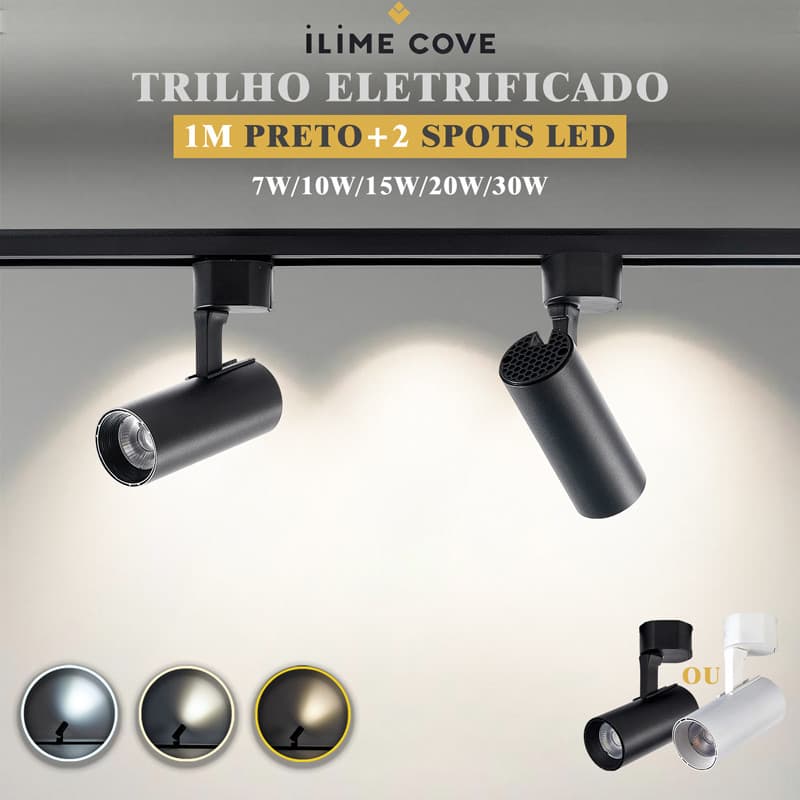 Luxuoso Spot LED Trilho Eletrificado Kit 1M Preto+2 Spots Led Cor Preto Branco Bivolt 7W a 30W