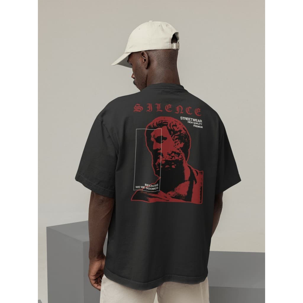 Camiseta Oversize Streetwear Masculino e Feminino 100% Algodão Treino e Dia a Dia Preto e Off Whte Estampado - SILENCE