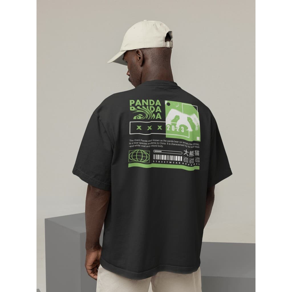 Camiseta Oversize Streetwear Masculino e Feminino 100% Algodão Treino e Dia a Dia Preto e Off Whte Estampado - PANDA