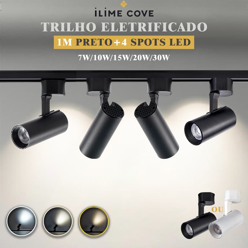 Luxuoso Spot LED Trilho Eletrificado Kit 1M Trilho + 4 Spots Led Cor Preto Branco Bivolt 7W a 30W