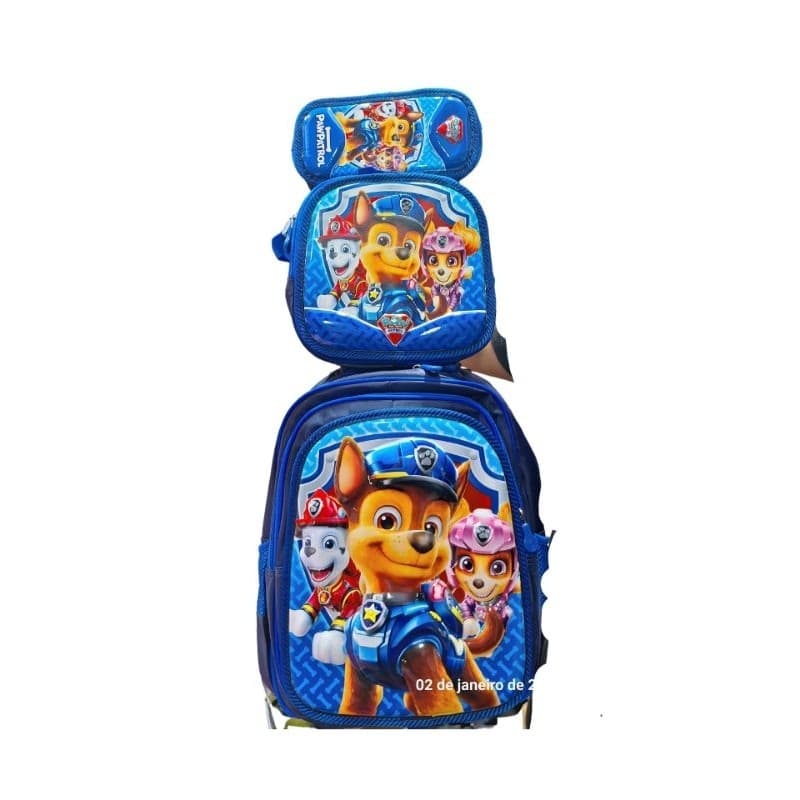 Kit Mochila Escolar Personagens com Lancheira Térmica estojo e Mochila com rodinhas Patrulha Canina Stich Homem Aranha