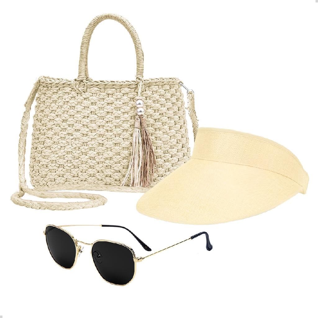 Kit Bolsa de Palha Feminina + Viseira Solar e Óculos de Sol Com Proteção Uv Moda Praia Verão