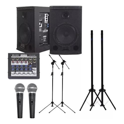 Kit Saga 8 Ativa Passiva Mesa 6 Canais Microfones Pedestais