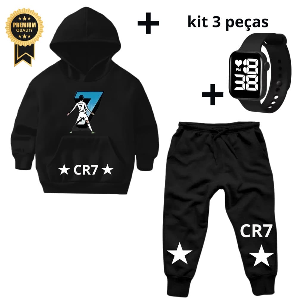 Blusa Moletom Infantil Cr7 Critiano Ronaldo Canguru  Juvenil +Calça Moleton Frio  Criança + Relogio Smartwatch