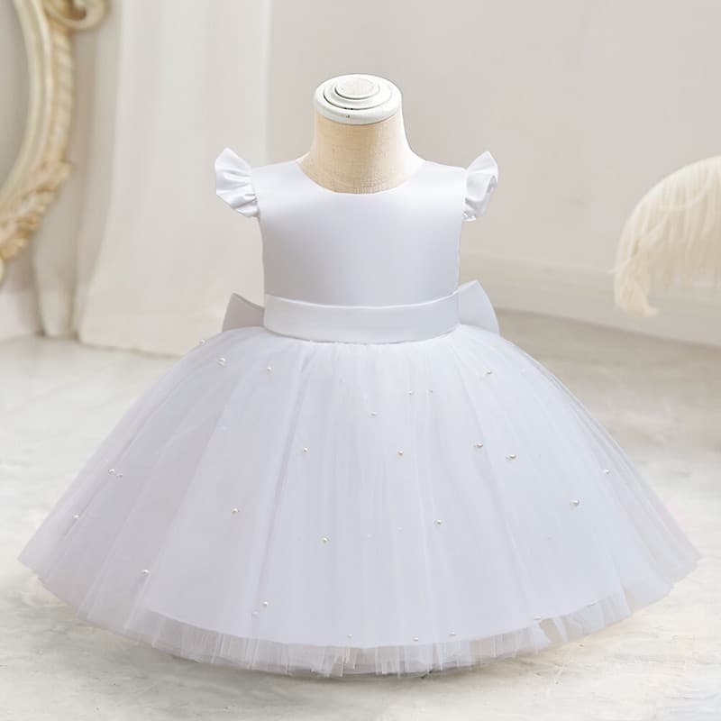 Crianças Vestidos De Batismo Flor Meninas Casamento Dama De Honra Miçangas Tule Princesa Vestido De Festa 3-8 Anos Arco
