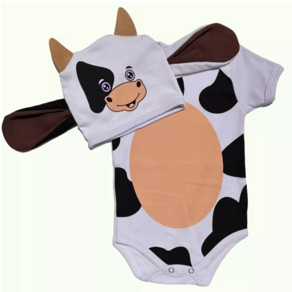 Body e Touca Bezerro Vaquinha Fazendinha 100% Algodão Temático Bebê Mesversário