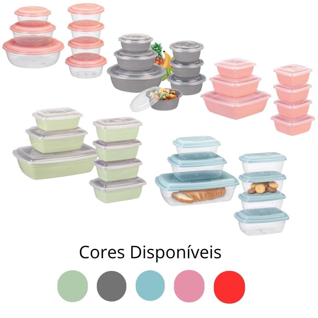 Conjunto 7 Potes de Plástico Diversas Cores Redondo, Quadrado ou Retangular Rainha