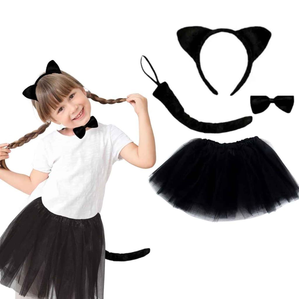 Kit 4 Pçs Gatinha Preta Tiara Gravata Saia Fantasia Infantil