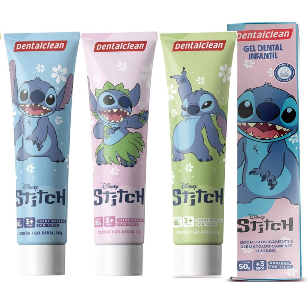 CREME DENTAL INFANTIL STITCH SABOR MORANGO 50G COM 3 UNID CRIANÇA HIGIENE BUCAL ESCOVAÇÃO PREMIUM