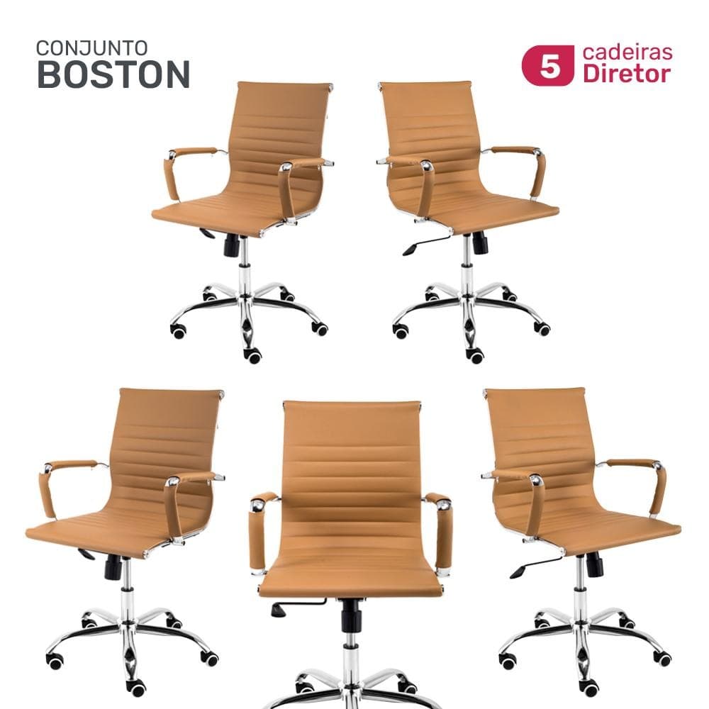 Conjunto 5 Cadeiras de Escritório Moob Boston Diretor Giratória Função Relax Esteirinha Caramelo