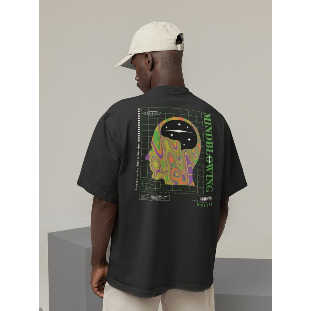 Camiseta Oversize Streetwear Masculino e Feminino 100% Algodão Treino e Dia a Dia Preto e Off Whte Estampado MINDBLOWING
