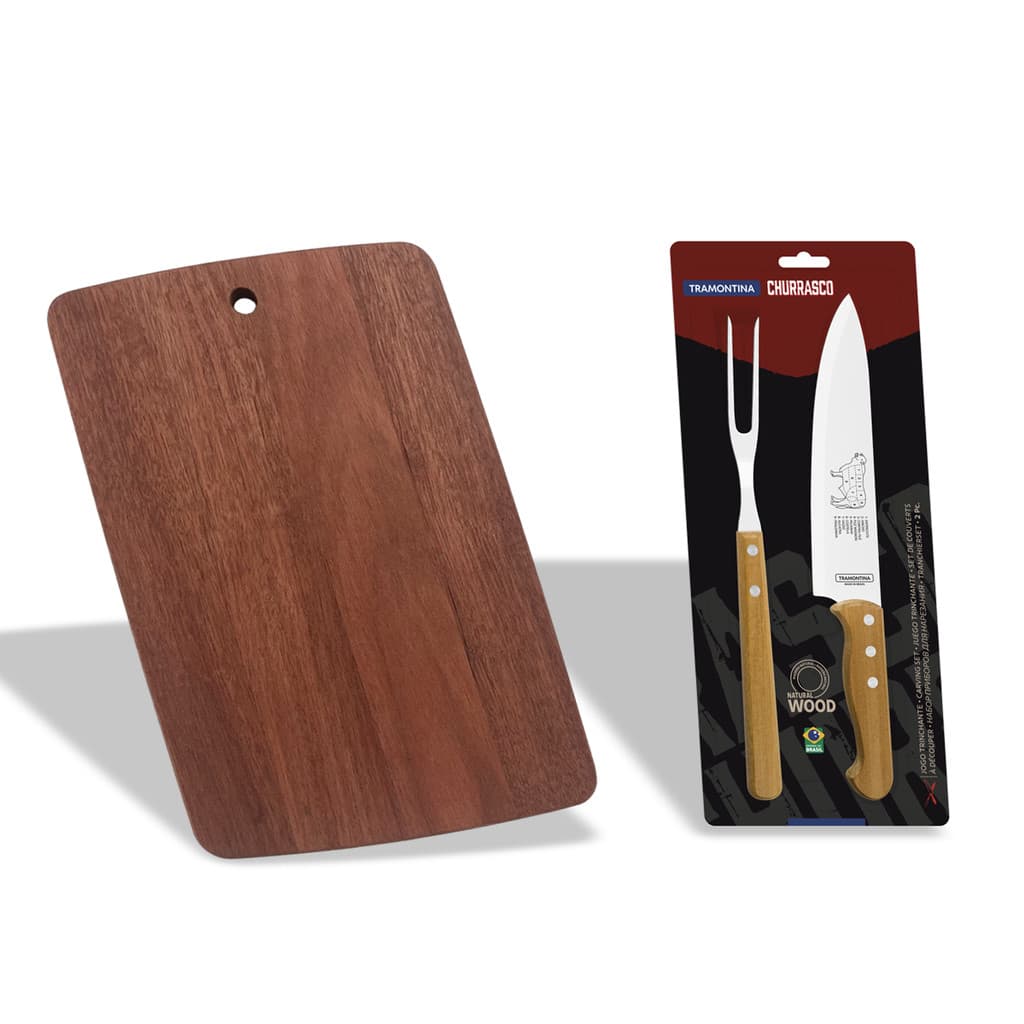 Kit faca e garfo de churrasco tramontina com tabua de madeira para cortar carne