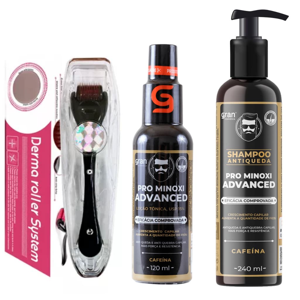 Kit Shampoo Antiqueda e Tônico Pro Minoxi + Dermaroller - Crescimento e Fortalecimento Capilar