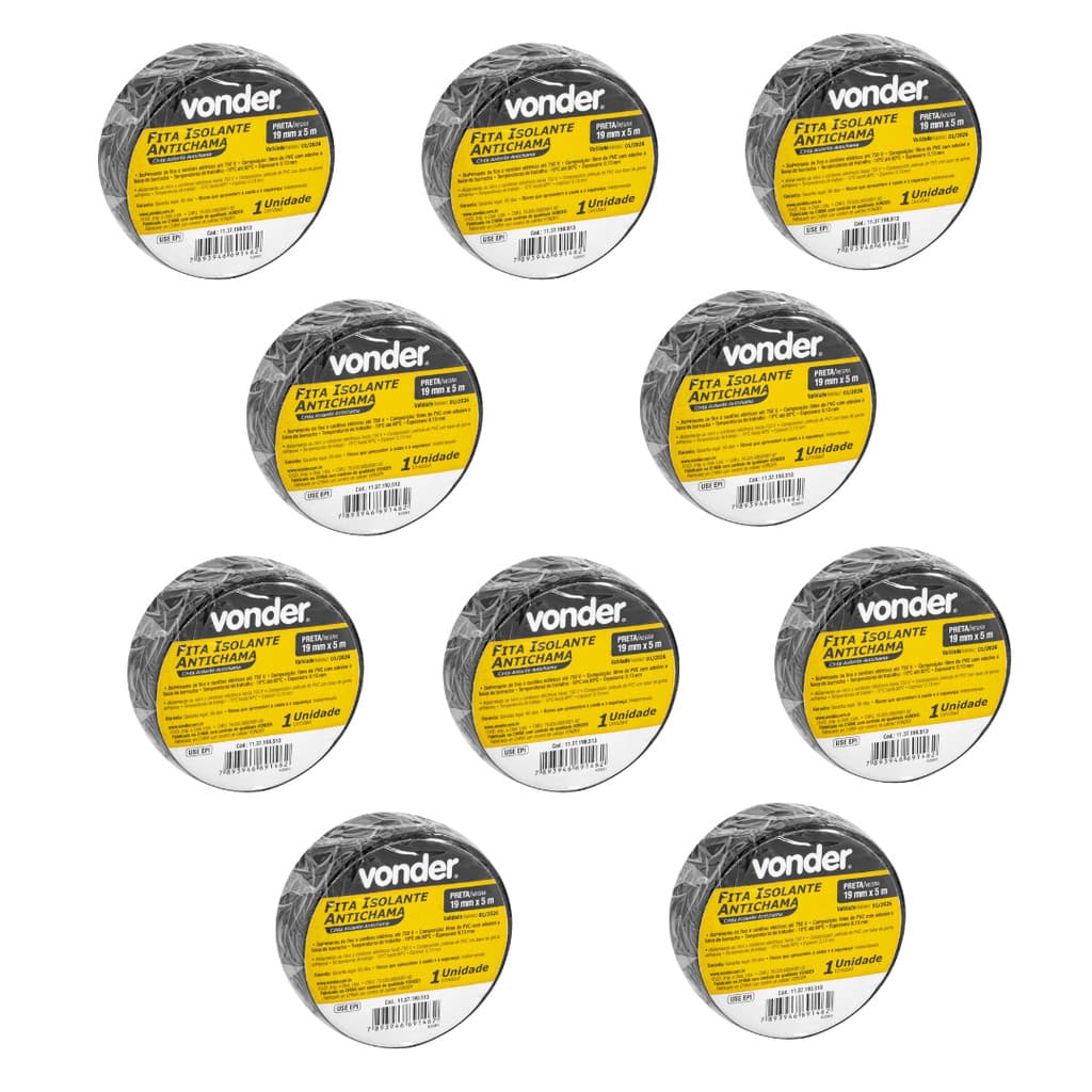 Kit com 10 Fitas Isolantes, 19,0 mm x 5 Metros  Pretas -VONDER