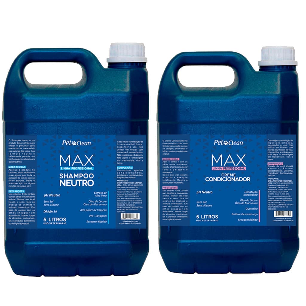 Shampoo Max Profissional + Condicionador Pet Clean 5L para Cães