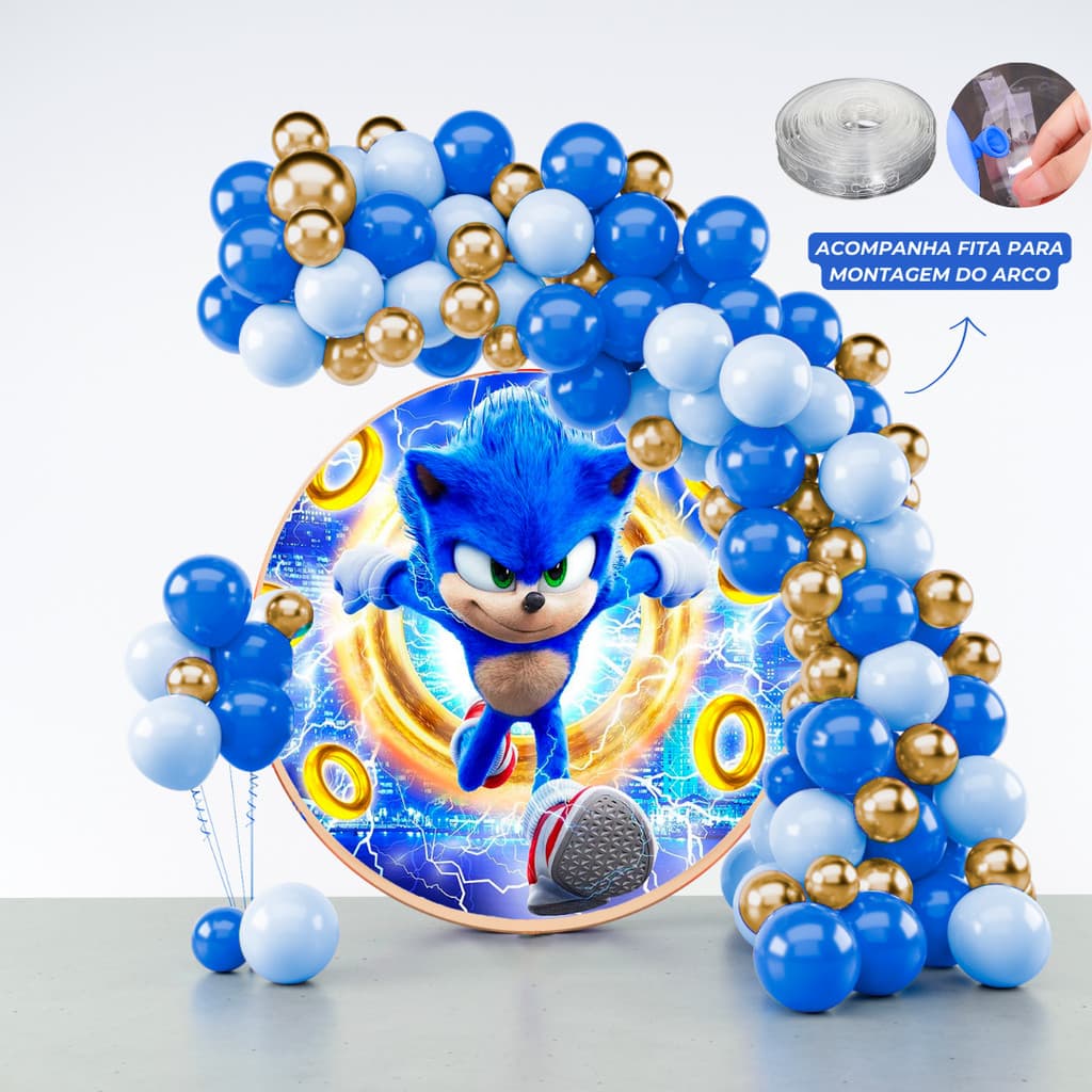 Kit 125 Balões Festa Sonic + Fita Arco - Balão Bexiga Liso/Cromado Para Aniversários