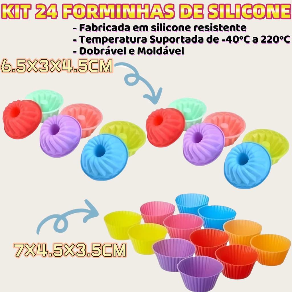 Kit 24 Forminhas De Silicone Para Bolinho Cupcake 7x4.5x3.5 E 6,5x3X4,5 Multiuso Coloridos