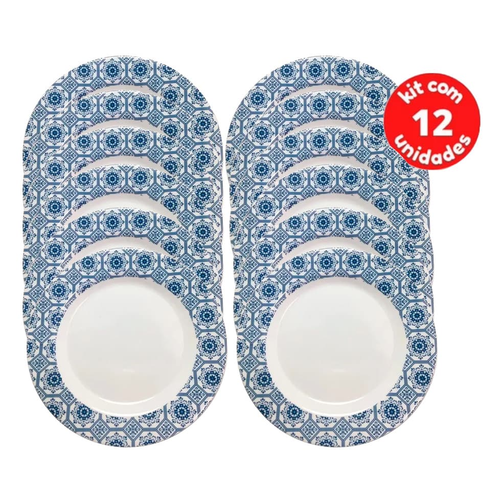 Kit 12 Pratos Rasos Decorados 25cm em Melamina Refeição Festa Cozinha Louça Plástica Resistente
