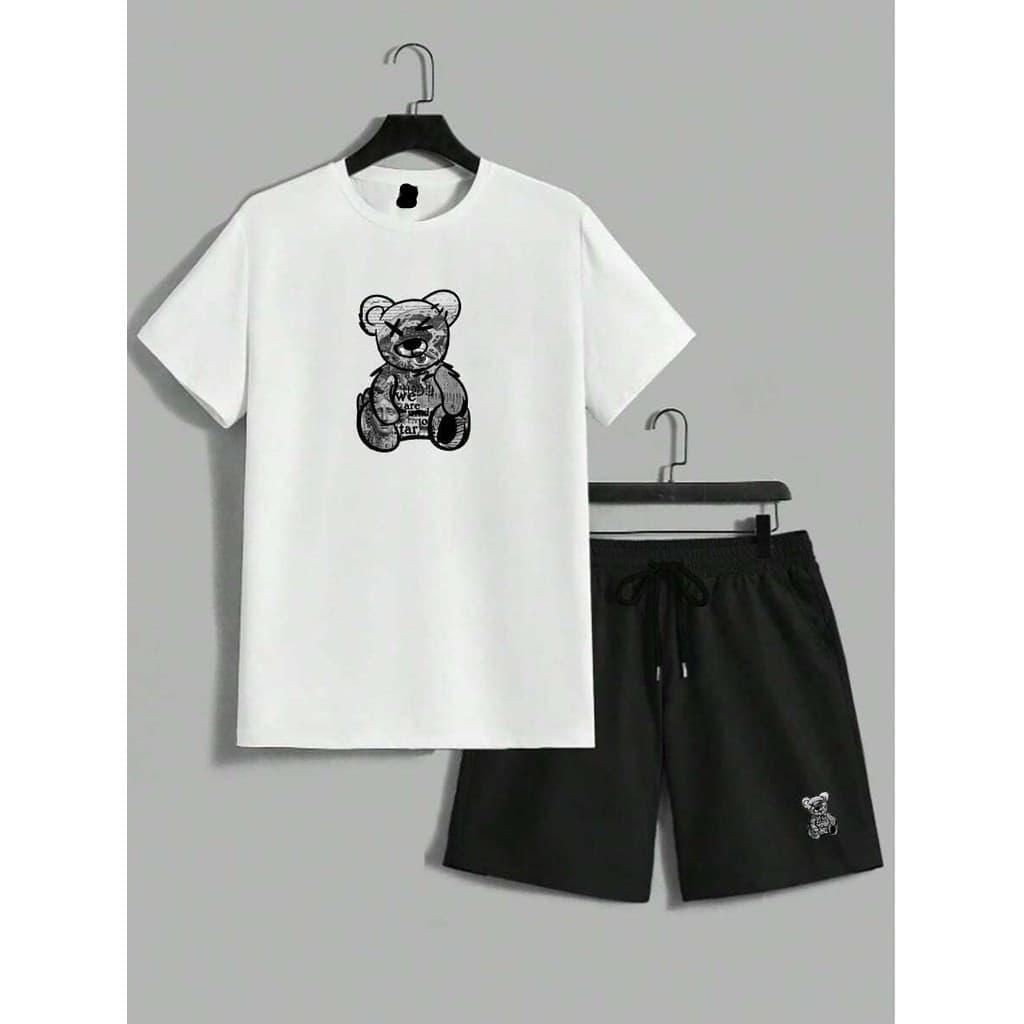 Kit Conjunto Camisa e Bermuda Moletom Camiseta Short Urso Streetwear