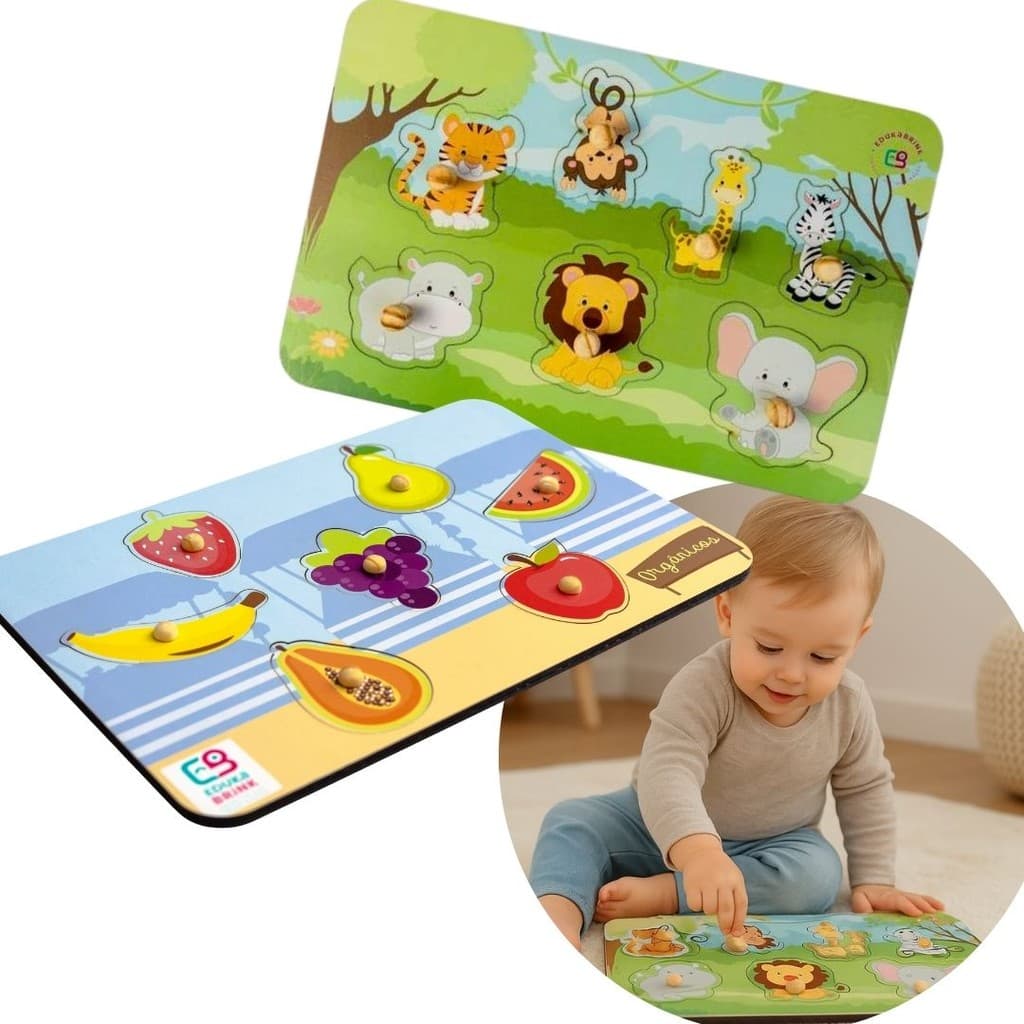 Kit 2 Brinquedo Encaixe Pinos Educativo Montessori Madeira Bebê