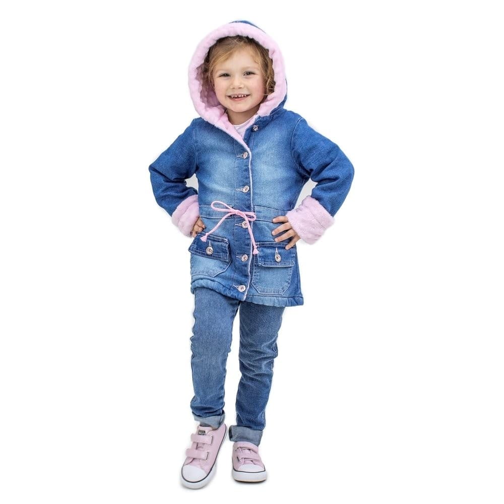 Parka Jeans Infantil Menina Forrada Pelo Rosa