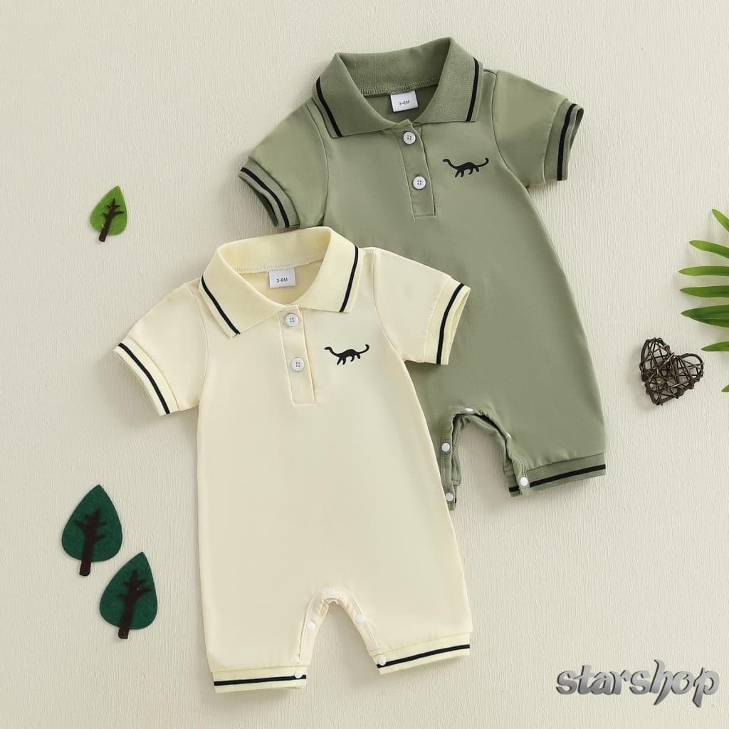 Starshop-Macacão De Manga Curta Para Bebê Menino Dinossauro Meio Botão Com Gola Fofa Roupas De Verão