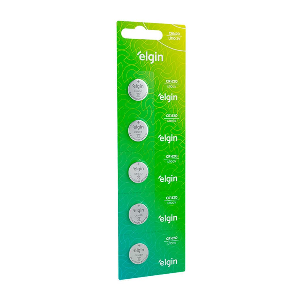 Bateria Lítio Elgin CR1620 3v Kit 5 Unidades Blister Alta Duração
