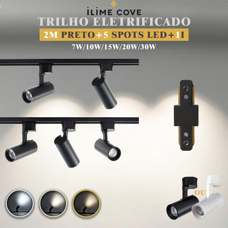 Luxuoso Spot LED Trilho Eletrificado Kit 2M+5 Spots um Tipo I Cor Preto Branco Bivolt 7W a 30W