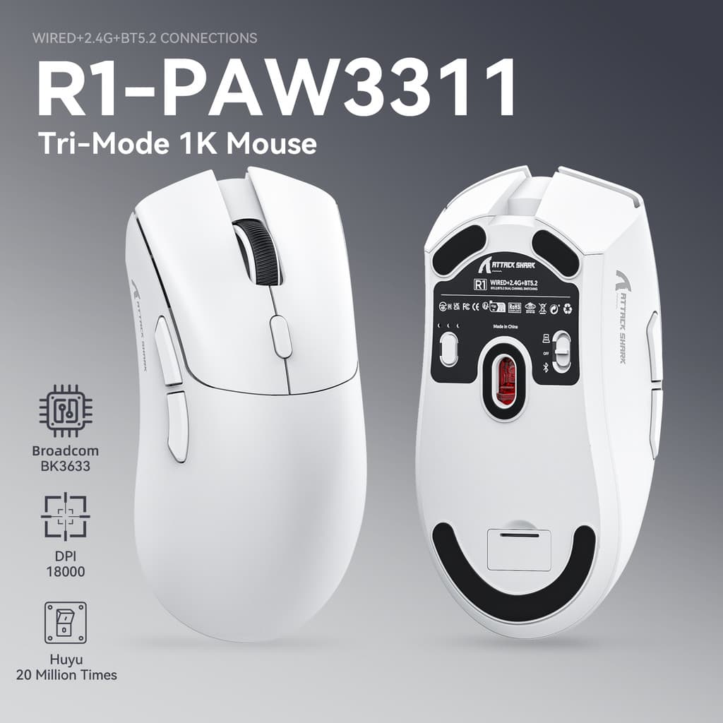 Mouse Sem Fio Attack Shark R1 Bluetooth Gaming PAW3311 Sensor Taxa De Retorno De 1000 Hz Trimodo Ergonômico Reca