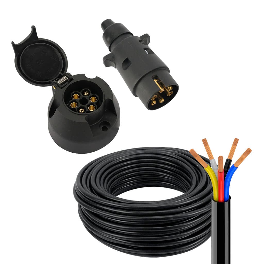 Kit Tomada Engate Reboque 6 Polos Macho Fêmea + Cabo PP 5x1m Resistente Vários Tamanhos Carretinha